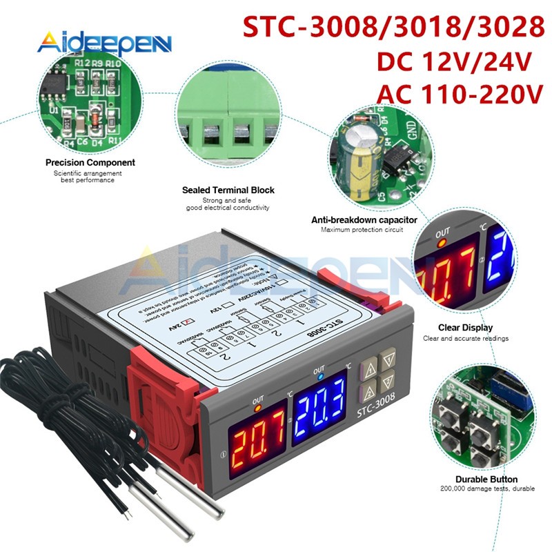 STC-3008 3018 3028 AC 110V 220V DC 12V 24V 10A المزدوج درجة الحرارة الرقمية تحكم الرطوبة التدفئة التبريد اثنين تتابع الانتاج