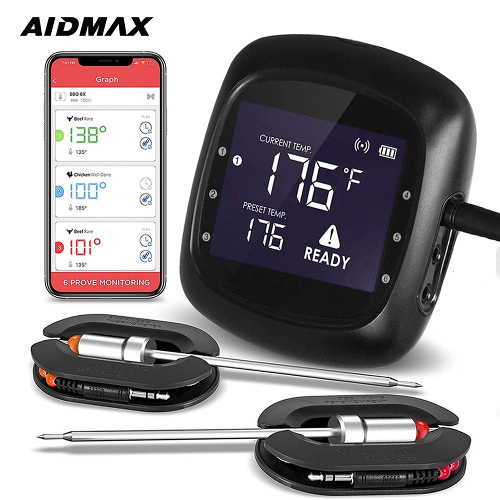 AidMax PRO05 Digital 6 Sensors Meat Thermometer Wireless Kitchen Cooking BBQ Food Thermometer Bluetooth Oven Grill Thermometer