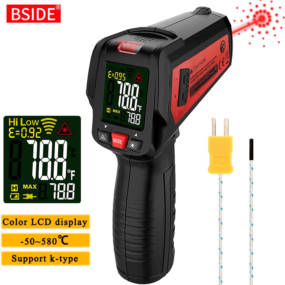 ميزان الحرارة الرقمي بالأشعة تحت الحمراء BSIDE BTM11 IR-LCD شاشة ملونة مقياس الحرارة-50 ~ 580 عدم الاتصال مقياس الحرارة بالليزر