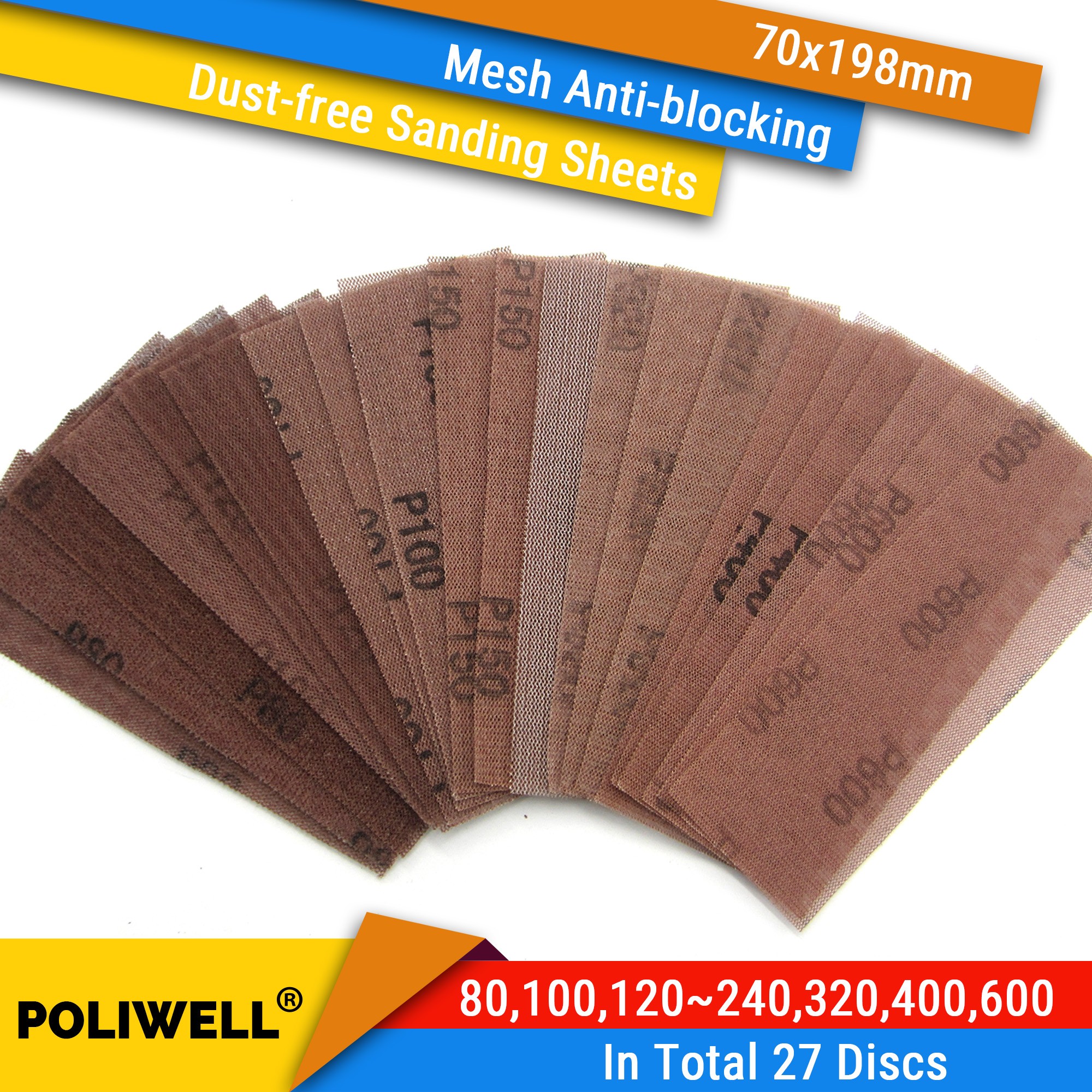 27pcs 70x198mm sanding sheet 80-600 assorted hook and loop or clip on sander pads dust-free anti-blocking sanding discs