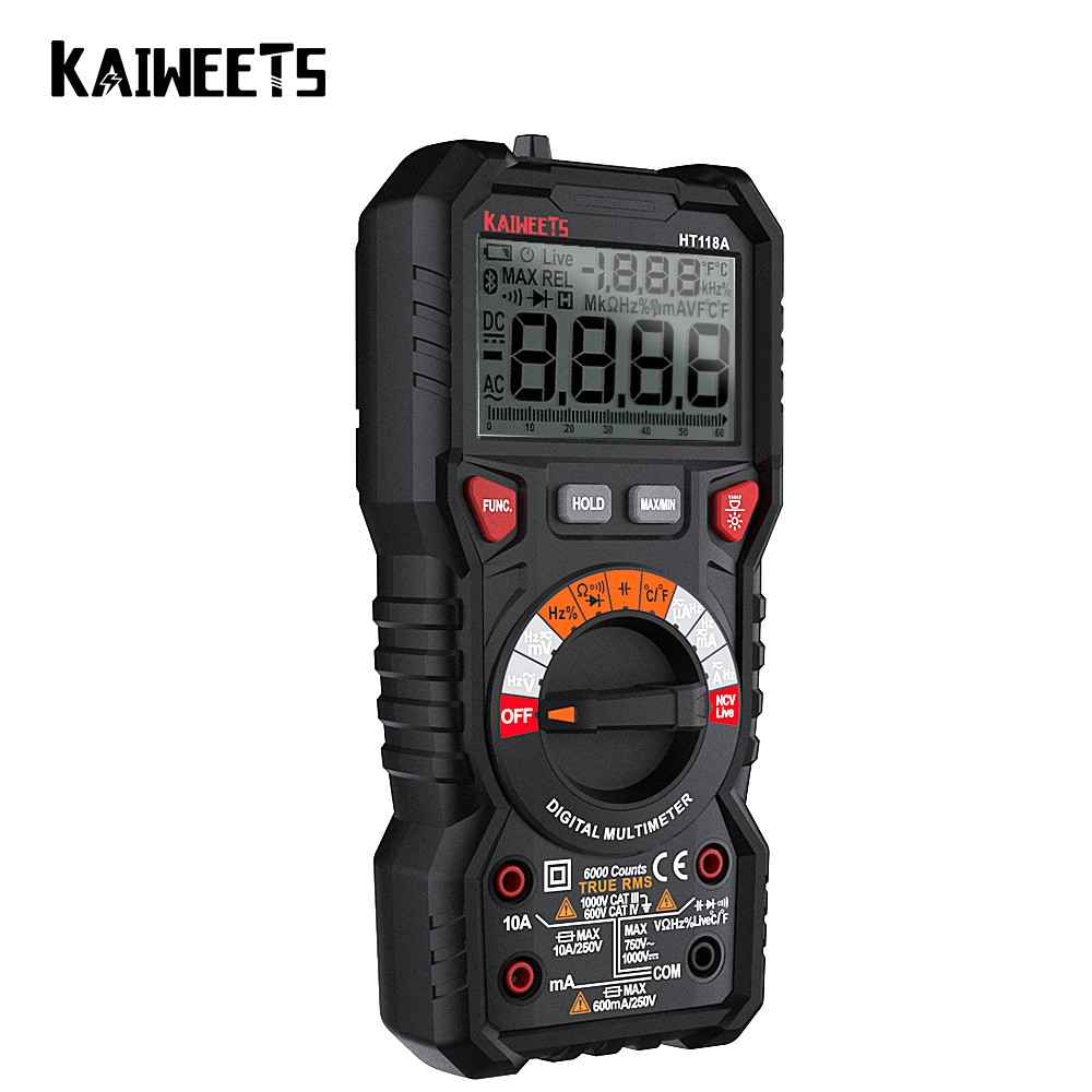 KAIWEETS HT118A New Digital Multimeter Ture RMS Auto Range Multimeter 1000V 10A AC DC Ohm Hz NCV Live Voltage Thermometer