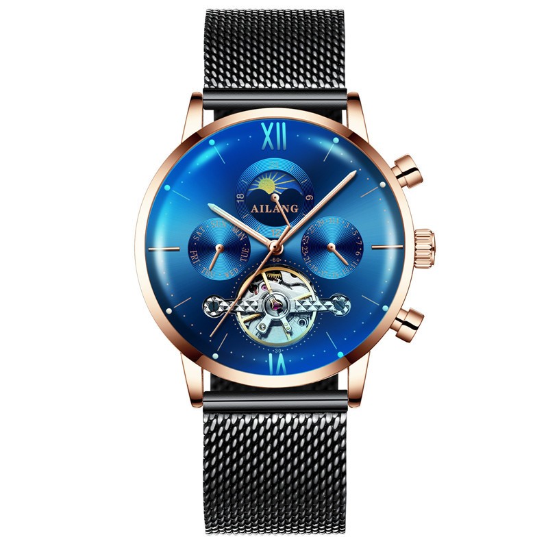 AILANG Men's Top Brand Luxury Fashion Three Eyes Luminous Waterproof Mesh Watches Tourbillon Mechanical Watch Relogio Masculino