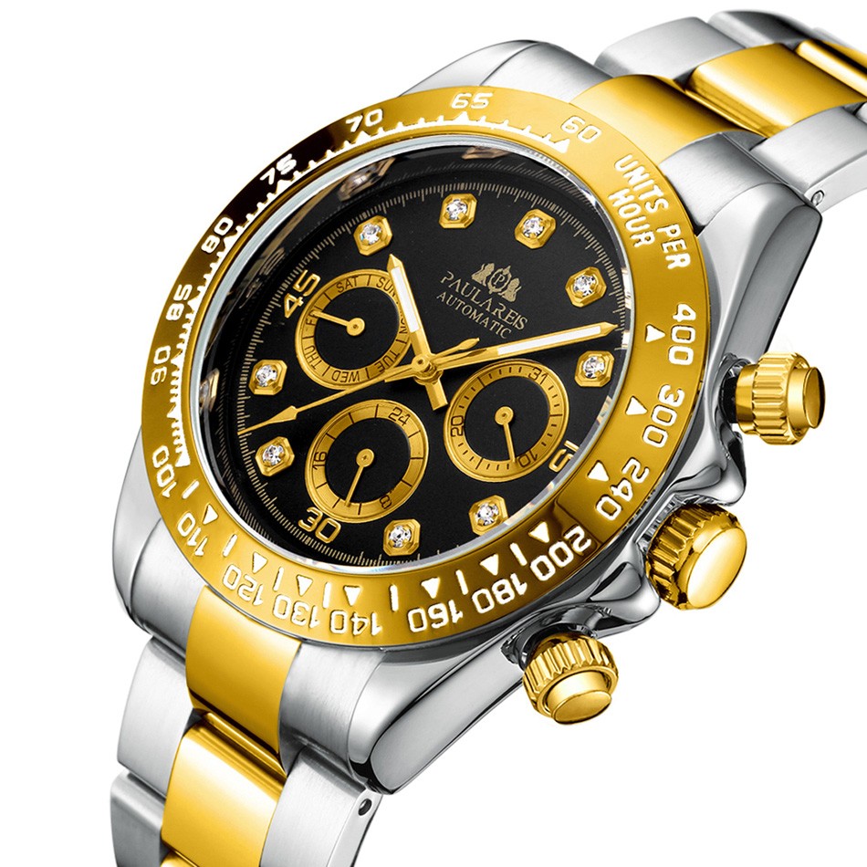 Automatic watches for men self-wind mechanical gold black stainless steel strap diamond stone fashion luxury sport