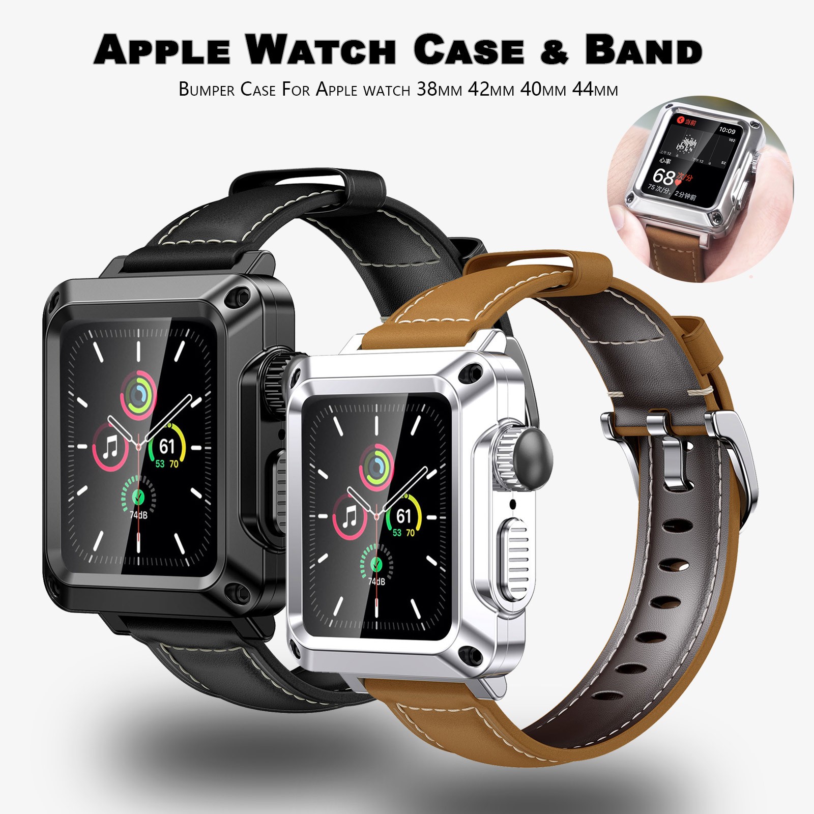 Bumper Case Genuine Leather Band for Apple Watch 6 SE 5 4 3 44mm 40mm Modification Tempered Film Kit for iWatch 42mm 38mm