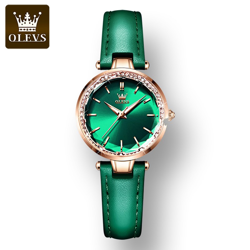 OLEVS Quartz High Quality Women's Wristwatch Waterproof Corium Strap Watches Fashion For Women Green Diamond Watch