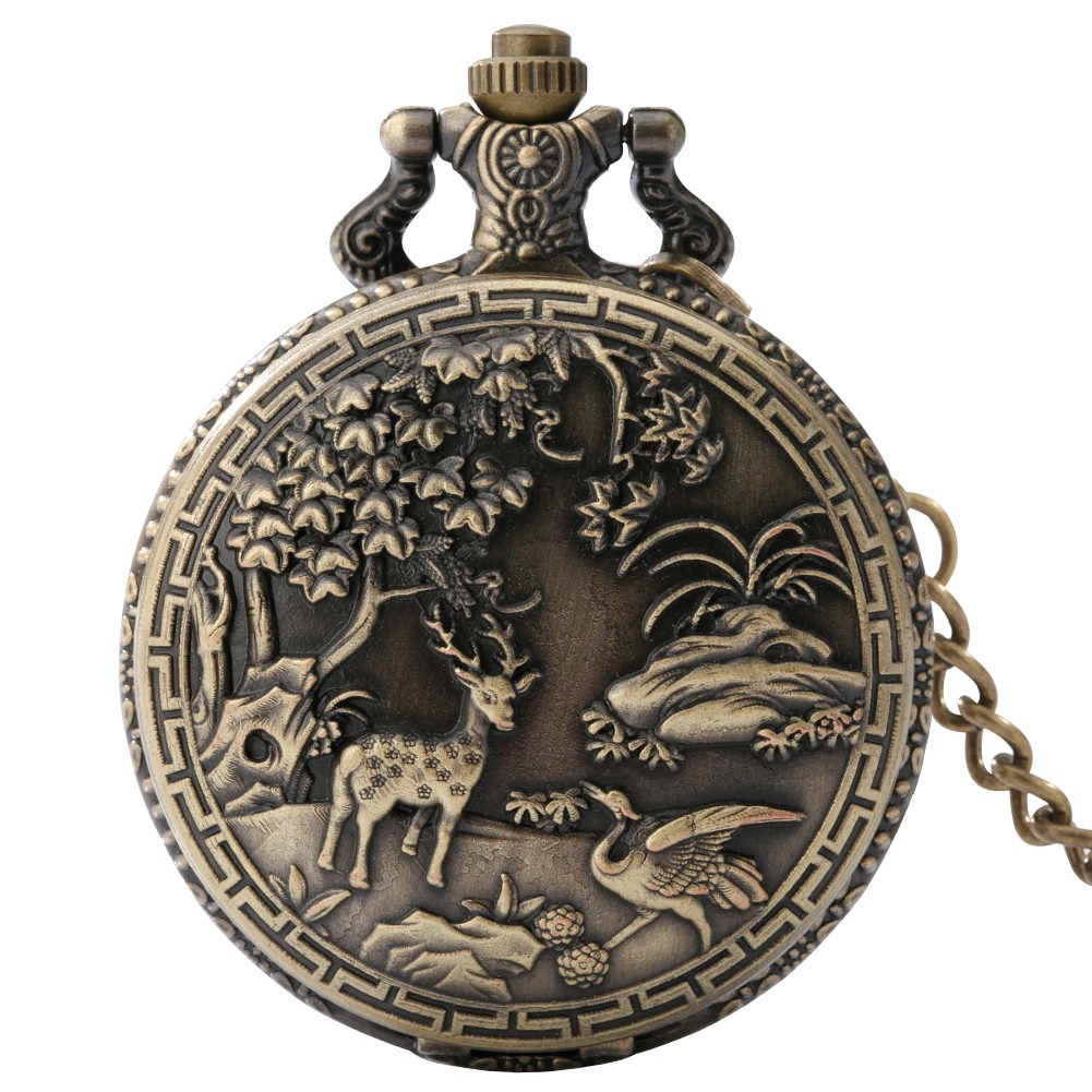 Souvenir Vintage Men's Quartz Pocket Watch Wild Animal Pattern Thick Chain Unique Personality Unisex Hollow out Watch