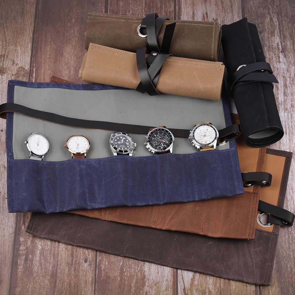 Watch Roll Storage Case Travel Wet Wax Canvas Watch Jewelry Protective Holder Box With Closure Watch Strap Pouch 5 Slots