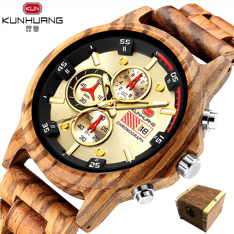 Kunhuang Men Watches Luxury Brand Wooden Walnut Sport Quartz Watch Men Fashion Date Chronograph Watch Relogio Masculino