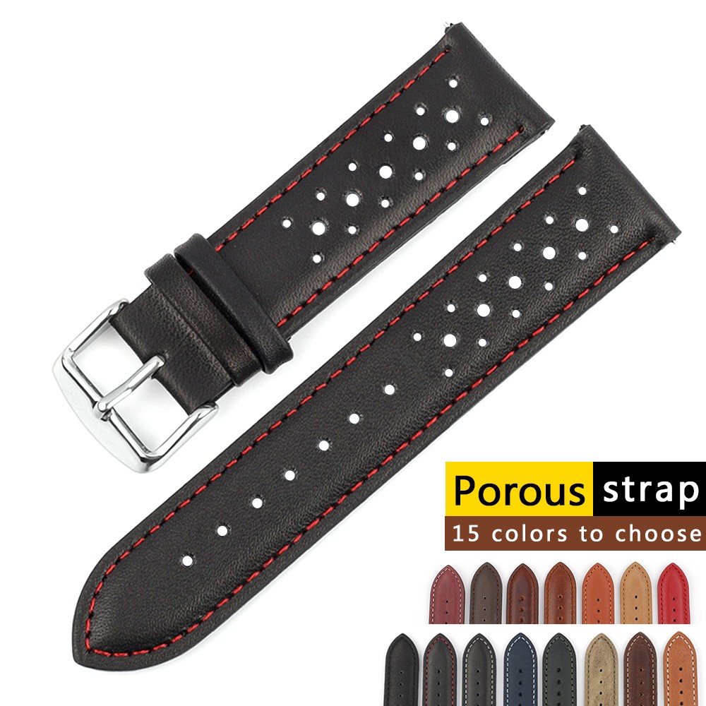 Handmade watch strap 18mm 19mm 20mm 22mm leather strap black brown blue breathable porous watches #C