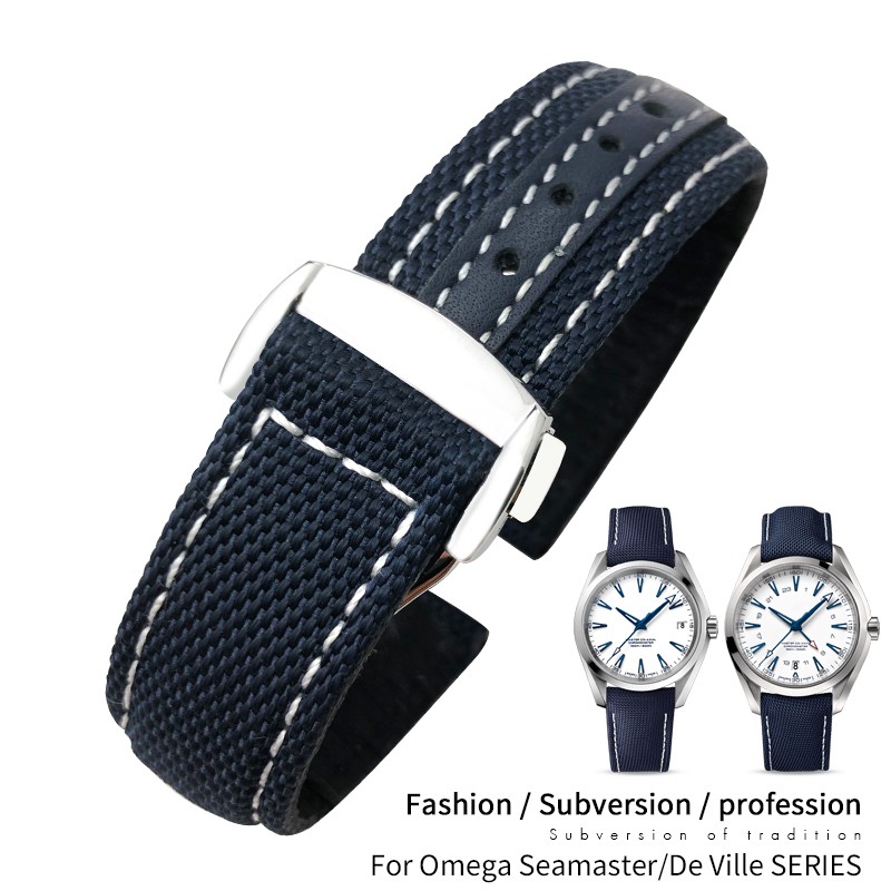 19mm 20mm Nylon Canvas Watch Strap for Omega 300 AT150 Fabric Leather Aqua Terra 150 Blue 21mm 22mm Watchband Buckle