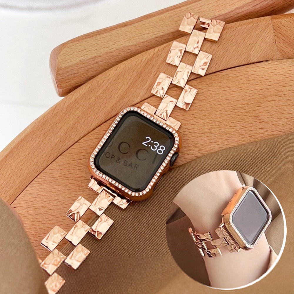 Metal Stone Pattern Strap For Apple Watch 7 41 45 38 42mm Chain Strap Diamond Case For iWatch 7 6SE Bracelet Stainless Steel Band