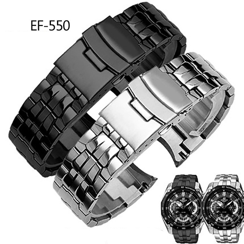 For Casio EF-550 EF-524 Stainless Steel Watchband 22mm Silver Strap Deployment Buckle Bracelet Metal Strap Men's Watch Series