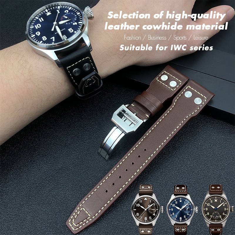 21mm 22mm High Quality Genuine Leather Rivets Watchband Fit For IWC Large Pilot Spitfire Gun Top Brown Black Cowhide Watch Strap