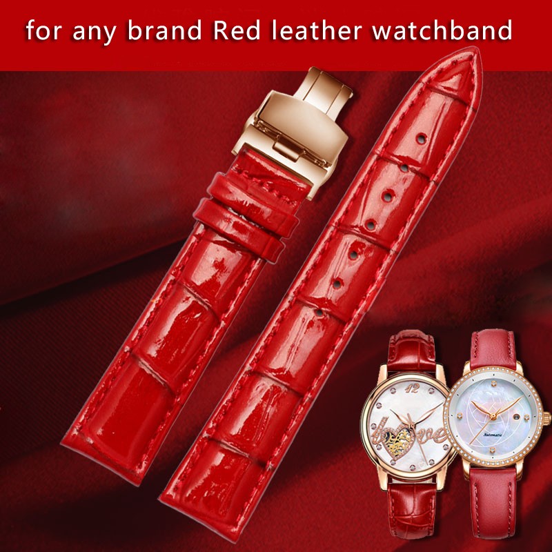 red color for any brand women watch12mm14mm 15mm 16mm 18mm 20mmRose gold buckle genuine leather watches wrist strap