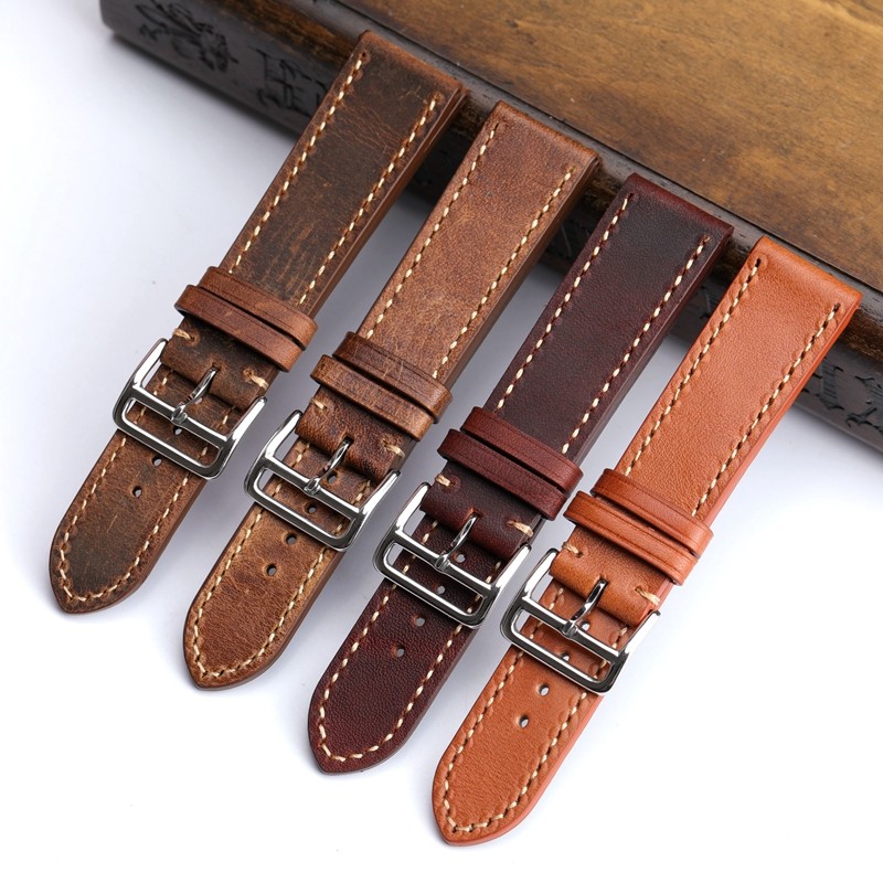 Handmade brown leather watch strap for men and women, 20 22 18mm, soft antique style, first layer