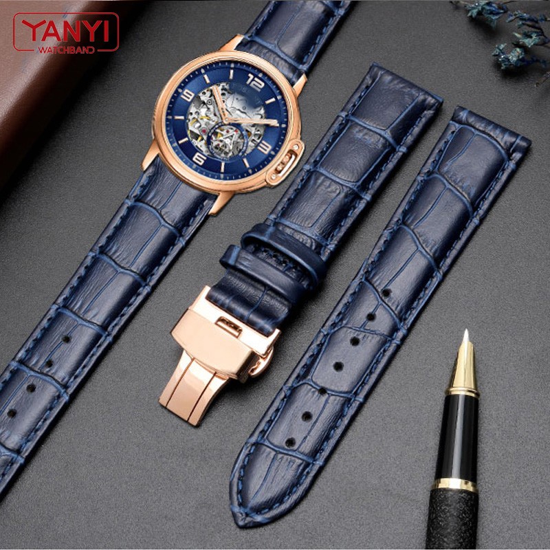 Genuine Leather Bracelet Dark Blue Watch Strap Butterfly Clasp Watchband Size In 16mm 18mm 20mm 21 22mm 23mm Watch Band