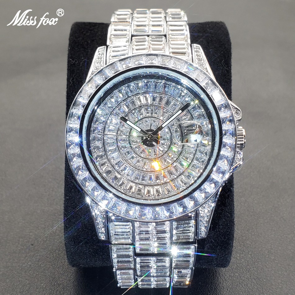 MISSFOX Ice Out Watches For Men Luxury Handmade Mosaic Diamond Silver Steel Watch Fashion Hip Hop Automatic Date Male Clock 2022