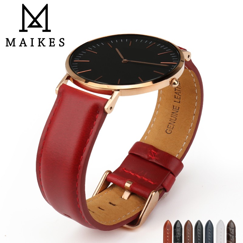 MAIKES Genuine Leather Replacement Bracelet Trendy Red Women Watch Band 12/13/14/16/17/18/19/20 for Lady Band Watch Watch Strap