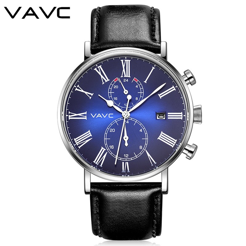 VAVC New Fashion Top Business Analog Quartz Wrist Watch for Men 24 Hours Display Leather Band Dial and Date Function Watches Men