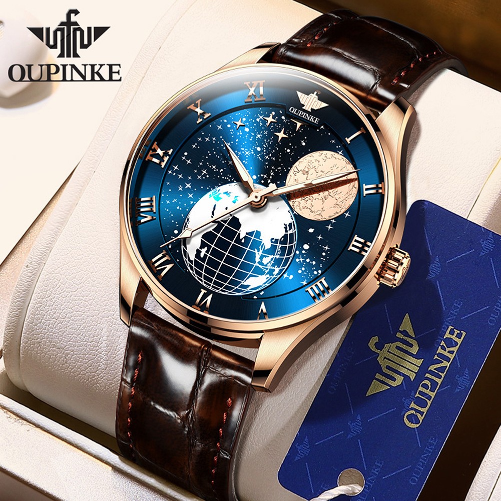 OUPINKE Fashion Mens Retro Watches Automatic Mechanical Watch Tourbillon Watch Genuine Leather Waterproof Military Wristwatch