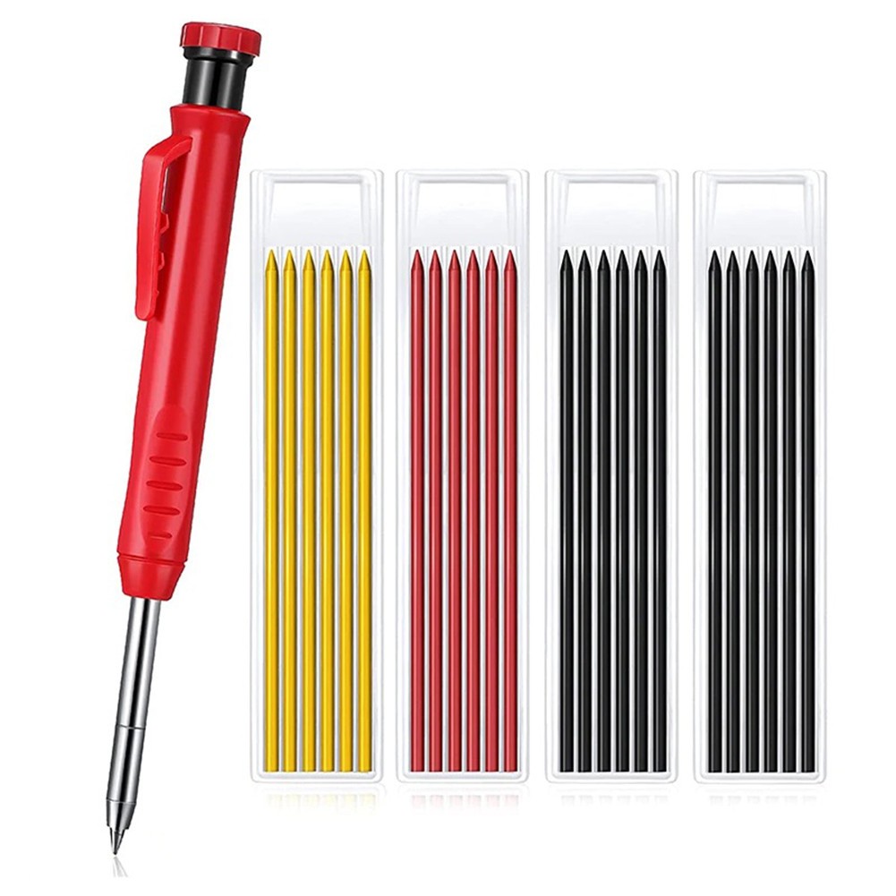Solid Carpenter Pencil Set with 6 Threaded Refill, Built-in Sharpener, Deep Hole Mechanical Pencil Marker Marking Tool
