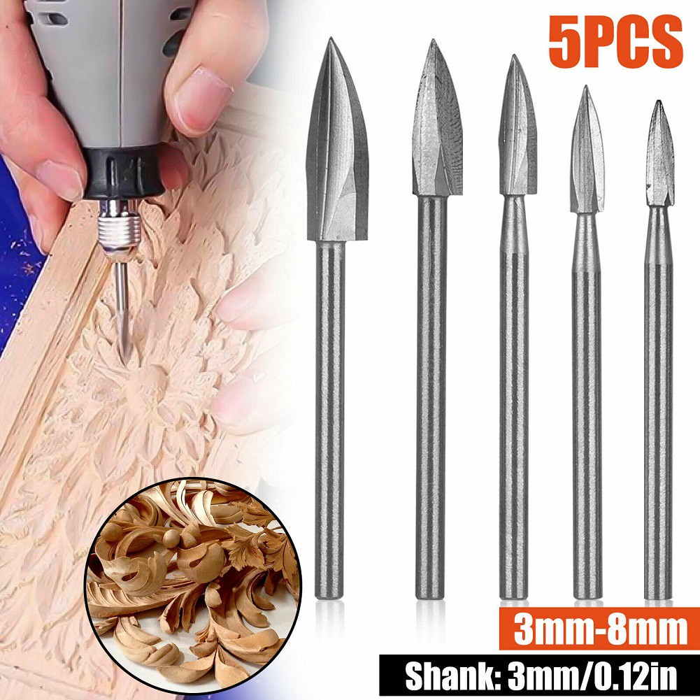 5pcs/set Wood Carving Drill Bit HSS Drill Bit Set Solid Carbide Steel Root Milling Grinder Burr Precision Wood Carving