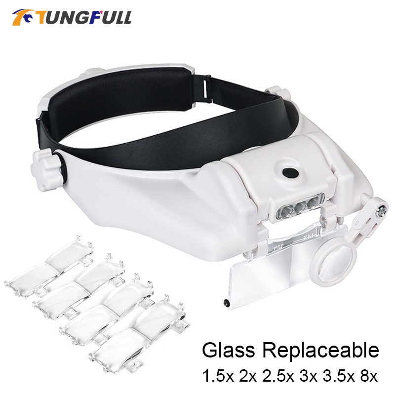 LED Headband Magnifier Hands Free Magnifying Glasses for Jewelry Loupe Watch Repair Electronic 1.5x2x2.5x3x3.5x8x Lens Loupe