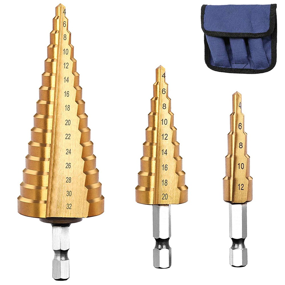 3pcs HSS Titanium Coated Step Drill Bit Set Stepped Cone Metal Hole Saw Cutter Metric 4-12/20/32mm Hex Tools