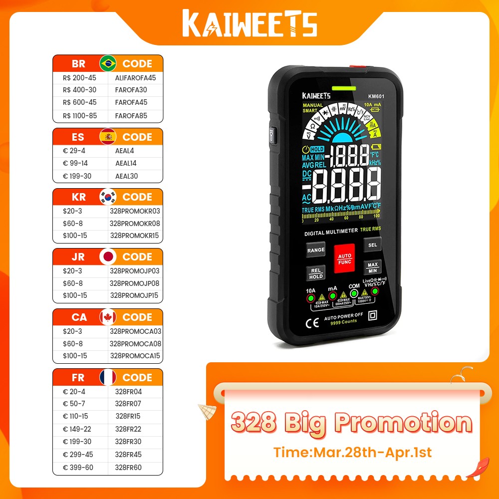 جهاز متعدد الفاحص الرقمي KAIWEETS KM601 9999 التهم متعدد المقاييس 1000 فولت 10 أمبير مقياس السعة أوم هرتز جهاز رقمي متعدد الفاحص RMS تيار مستمر DMM