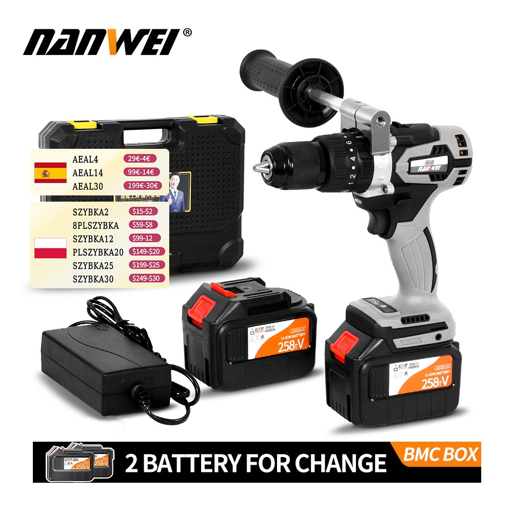 NANWEI 21V 13mm Cordless Drill Industrial Grade Brushless Impact Drill 1/2" Metal Auto Lock Chuck Ice Drill Fishing