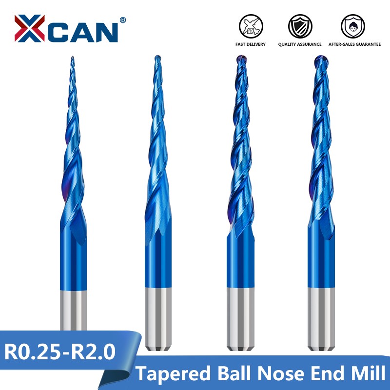 XCAN Spiral Router Bit R0.25-R2.0 2 Flute Carbide Milling Cutter Tapered Ball Nose End Mill Drill Bits for Woodworking