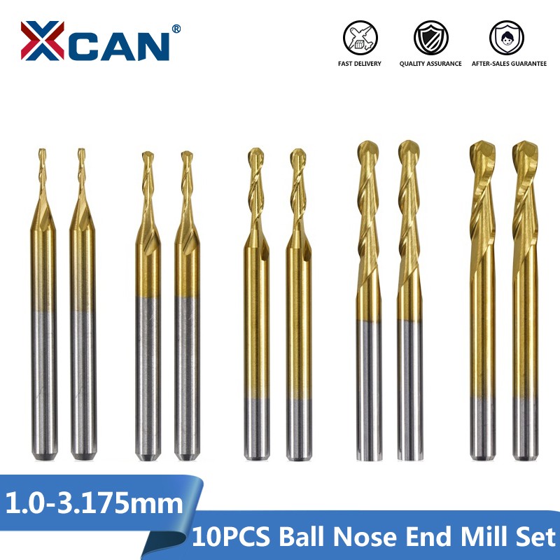 XCAN CNC Spiral Milling Cutter 1/8'' (3.175mm) Shank 10pcs Tin Coated Ball Nose Router Bits Carbide End Mill Woodworking Cutter