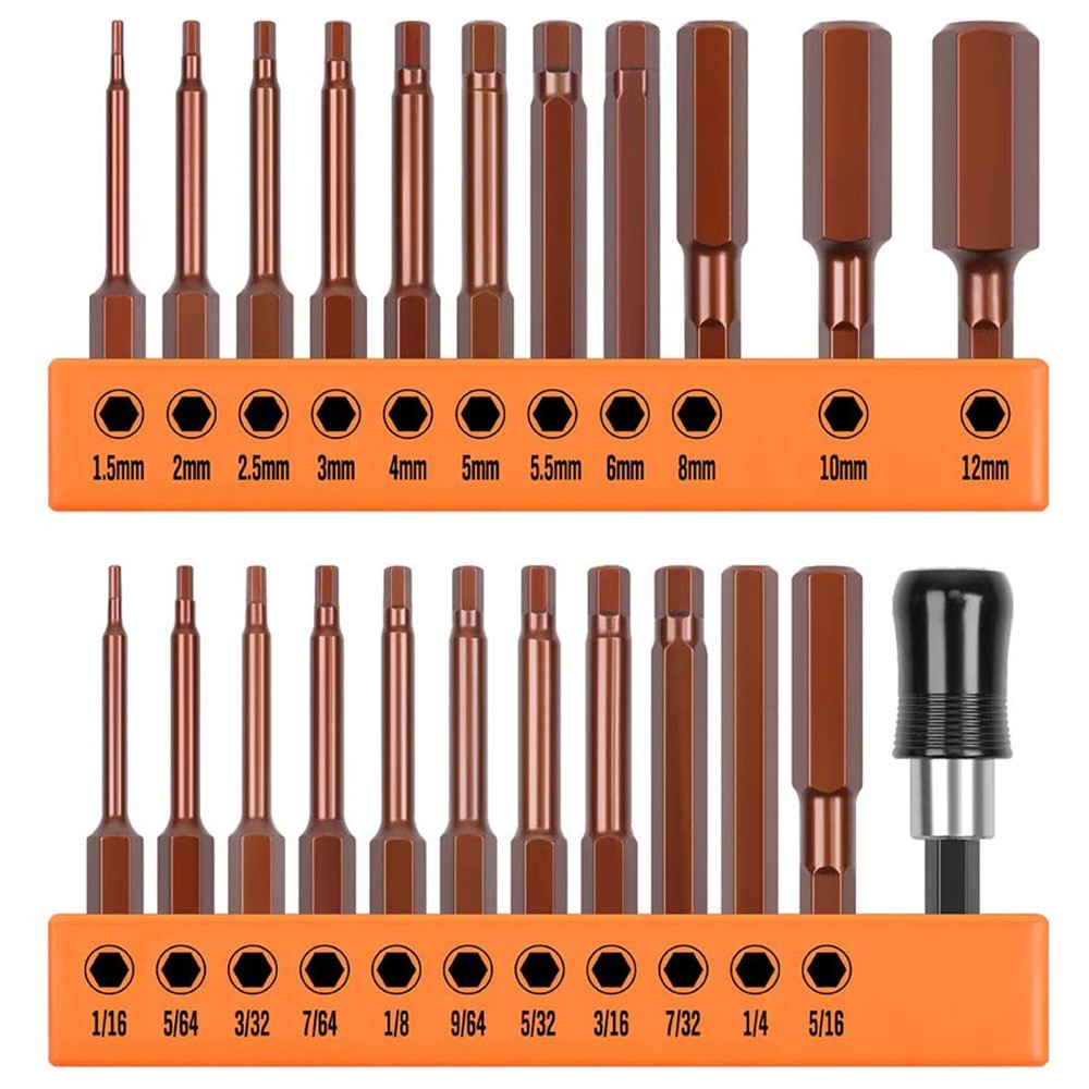 23pcs Wrench Drill Bit Hex Head Allen Wrench Drill Bit Set Metric SAE S2 Steel Hex Bit Set 65mm Long Magnetic Screwdriver Bits