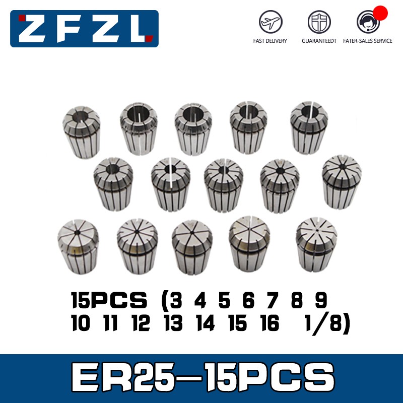 15pcs ER25 Collet Chuck Set 3/4/5/6/7/8/9/10/11/12/13/14/15/16/3.175mm High Precision Metal Cylinder ER25 Chuck Set CNC Machining