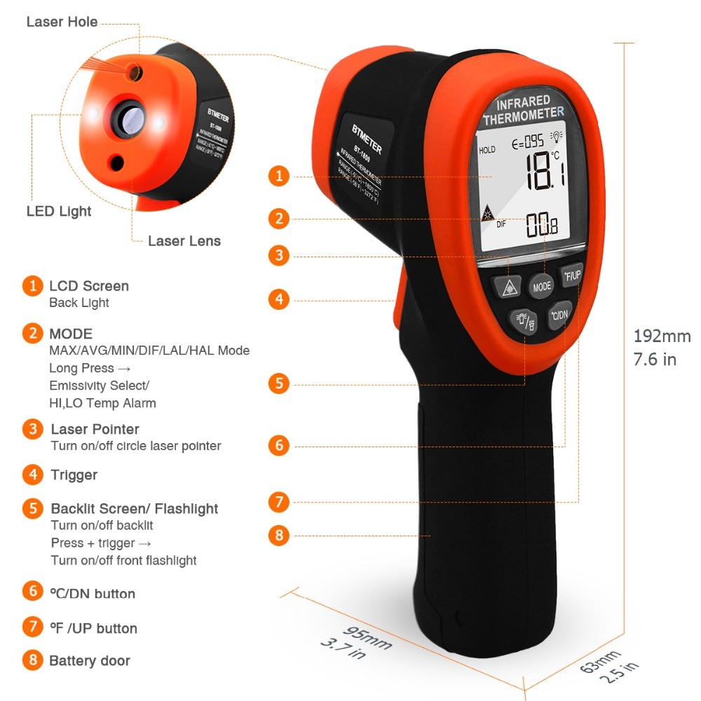 BTMETER BT-1800 ميزان الحرارة الرقمي بالأشعة تحت الحمراء 50:1 عدم الاتصال مقياس الحرارة الأشعة تحت الحمراء ليزر اختبار درجة الحرارة العالية بندقية-58 درجة فهرنهايت ~ 3272 درجة فهرنهايت