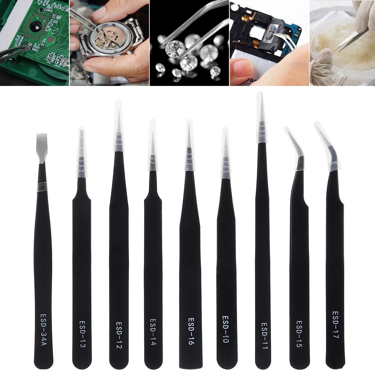 9pcs ESD Stainless Steel Tweezers Set Anti-static Stainless Steel Tweezers for Jewelry Craft Electronics Lab Phone Repair