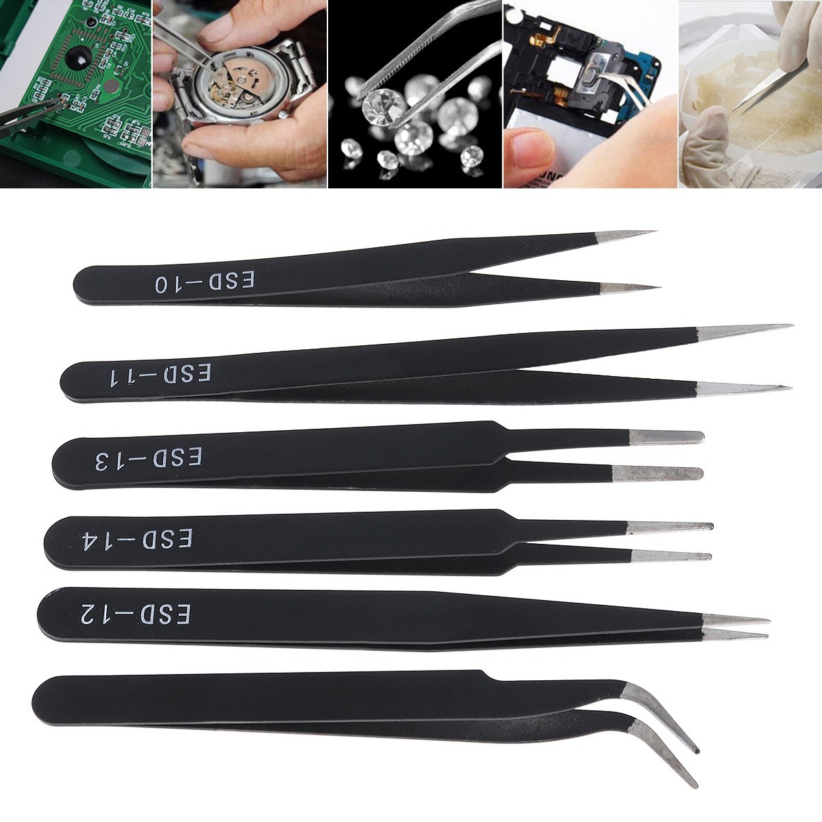 6pcs Stainless Steel ESD Tweezers 1.5mm Anti-static Repair Tool Kit for Electronics Jewelry Crafts Mobile Phone Repair Tool