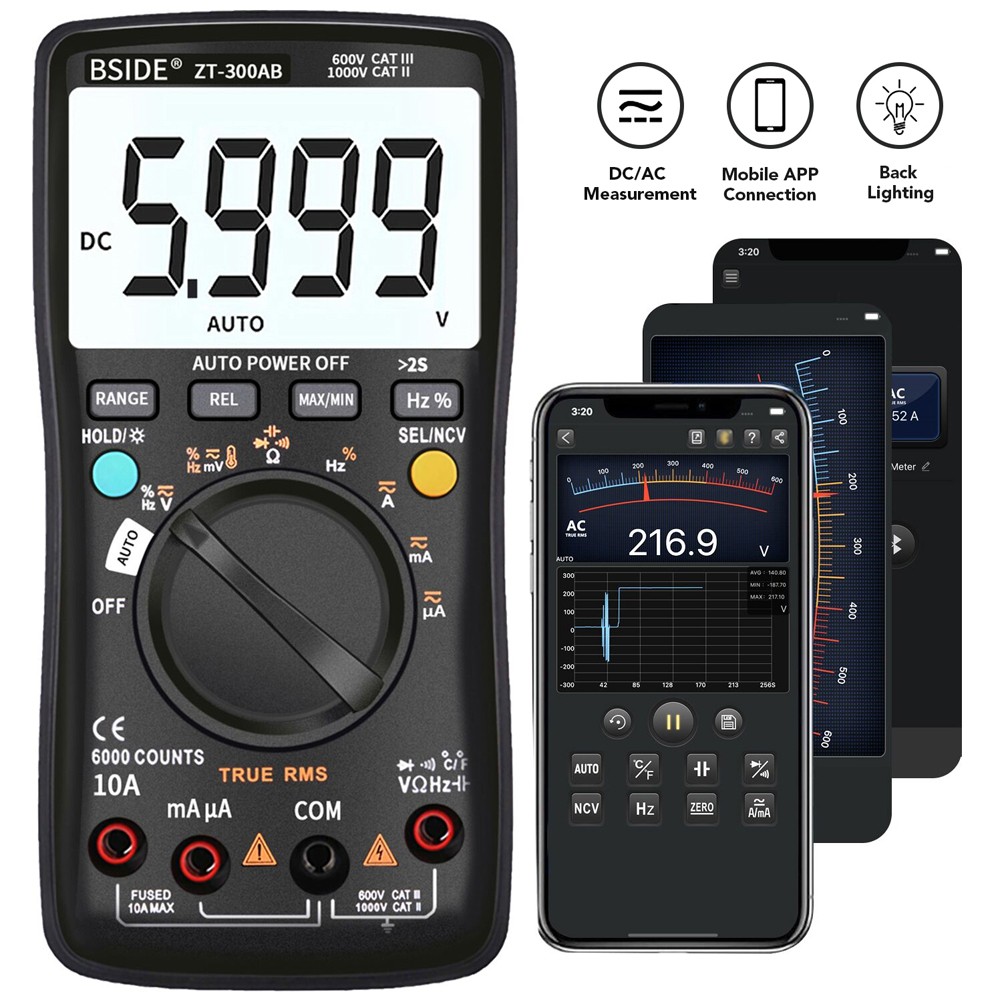 BSIDE Professional Auto/Manual Digital Multimeter 6000 Counts LCD True RMS Smart Voltage Current Frequency Thermometer