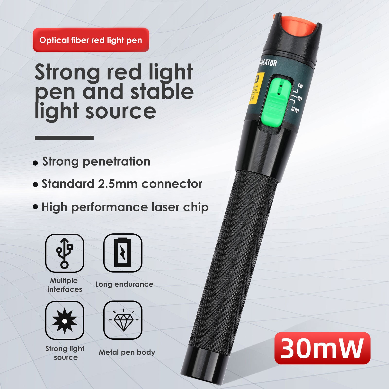 Fiber Optic Fault Locator VFL Fiber Optic Cable Red Light Tester Meter 30mW Red Pen Light Tester For Telecommunication