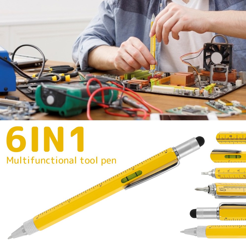 6 in1 Multifunction Ballpoint Pen with Tool Handheld Modern Measure Ruler Technical Screwdriver Touch Screen Stylus Alcohol Level