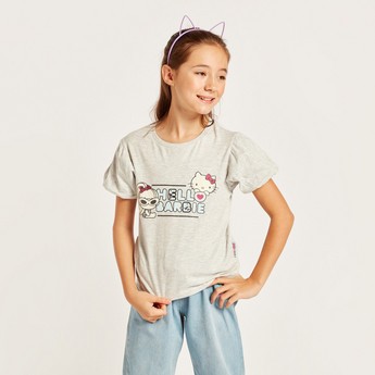 Sanrio Graphic Print Top with Round Neck and Short Sleeves