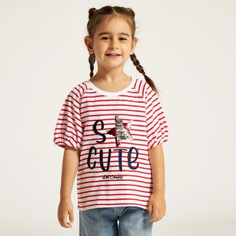 Lee Cooper Striped Round Neck T-shirt with Short Sleeves and Embellished Detail