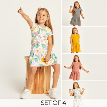 Juniors Printed Round Neck Dress with Short Sleeves - Set of 4