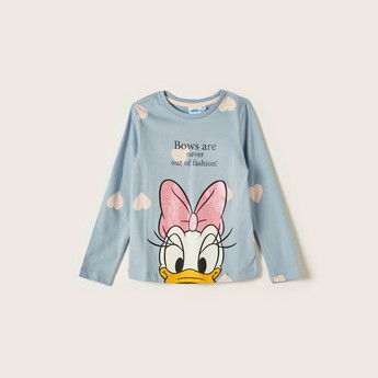 Disney Daisy Duck Print T-shirt with Round Neck and Long Sleeves