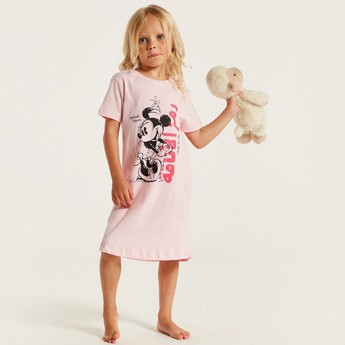 Disney Minnie Mouse Print Night Dress with Crew Neck and Short Sleeves