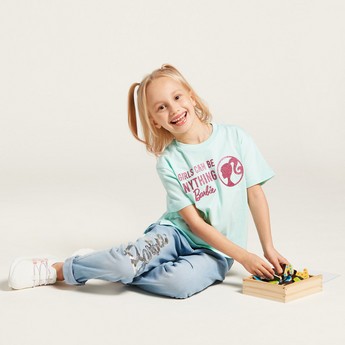 Barbie Embellished Print T-shirt with Short Sleeves