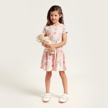 All-Over Hello Kitty Printed Tiered Dress with Short Sleeves