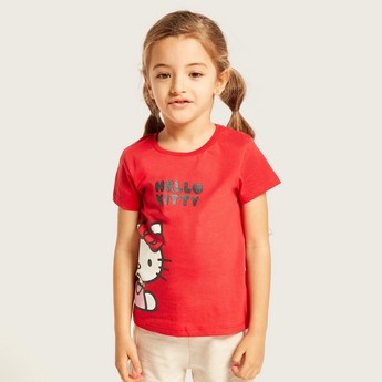 Sanrio Hello Kitty Print Crew Neck T-shirt with Short Sleeves