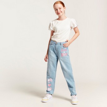 Sanrio Embroidered Denim Pants with Pockets and Button Closure