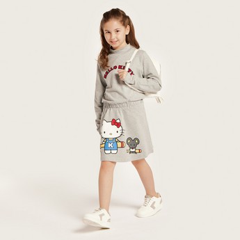 Hello Kitty Embroidered Dress with Round Neck and Long Sleeves